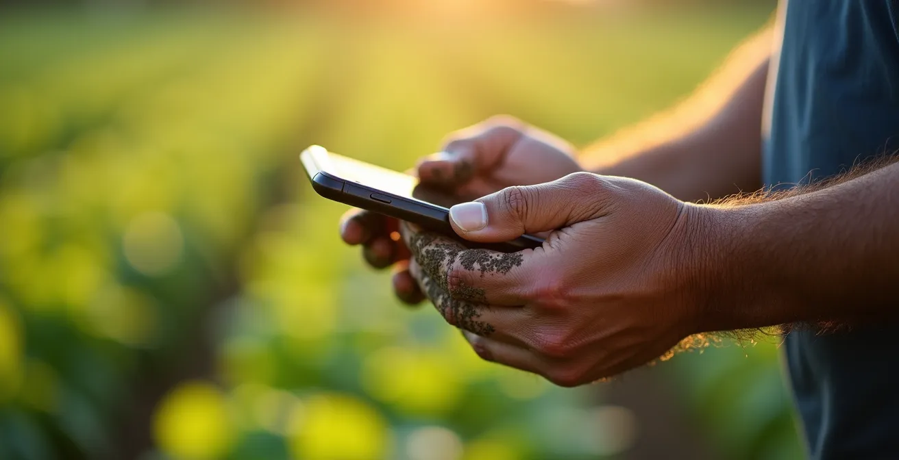 Farm worker checking digital standard operating procedure on mobile device in agricultural setting