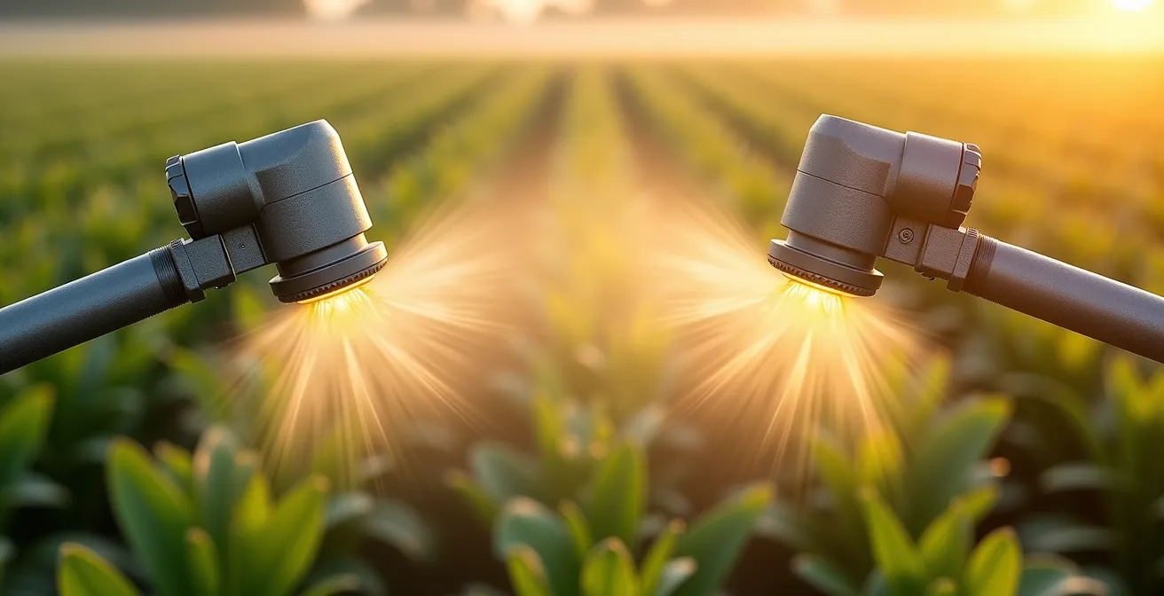 Visual comparison showing dramatic reduction in pesticide drift plume when boom height is lowered from 36 to 24 inches above crop canopy