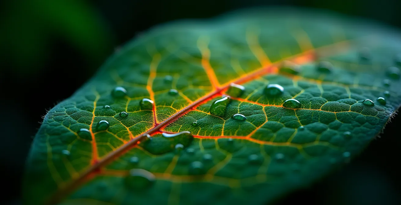 Extreme close-up of chlorophyll fluorescence measurement device analyzing plant leaf showing red fluorescence emission