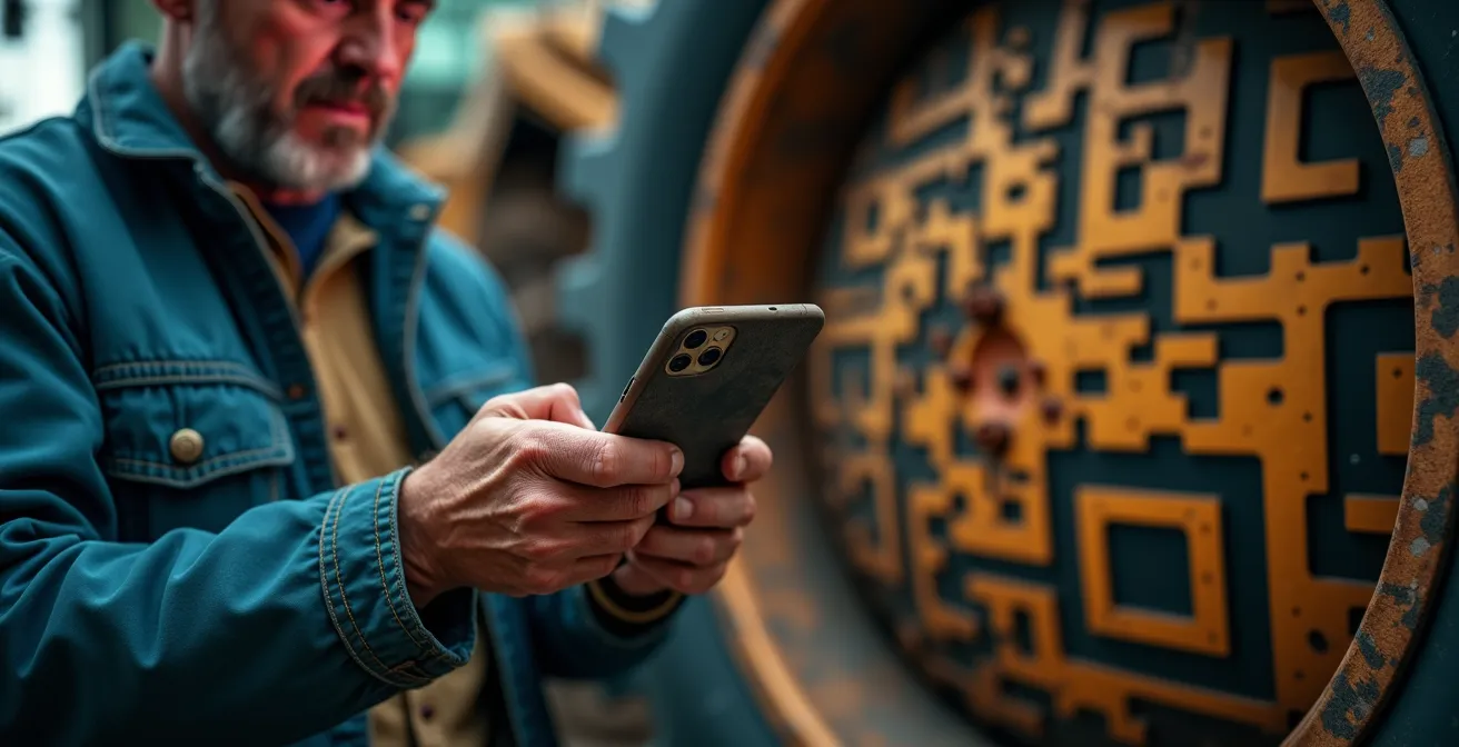 Farm worker scanning QR code on agricultural equipment for instant access to training materials