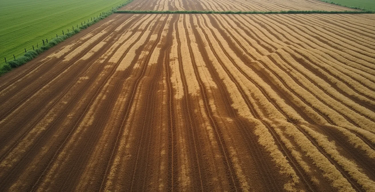 Aerial view of agricultural field showing EC variation zones through color gradients