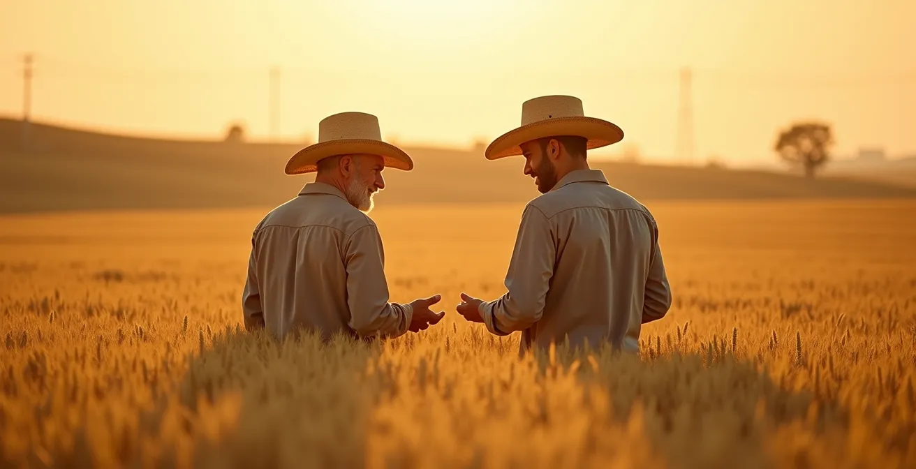 Senior farmer and young worker exchanging agricultural knowledge in a field setting