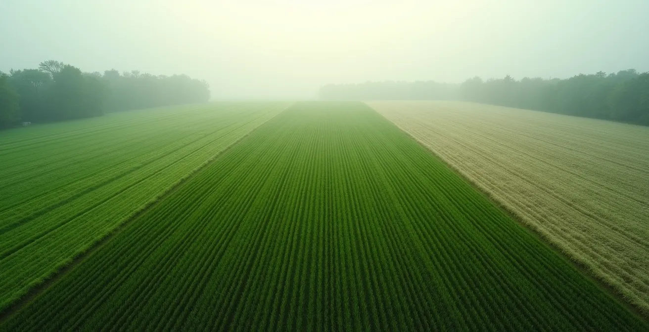 Aerial view of agricultural field showing strategic sensor placement in different management zones
