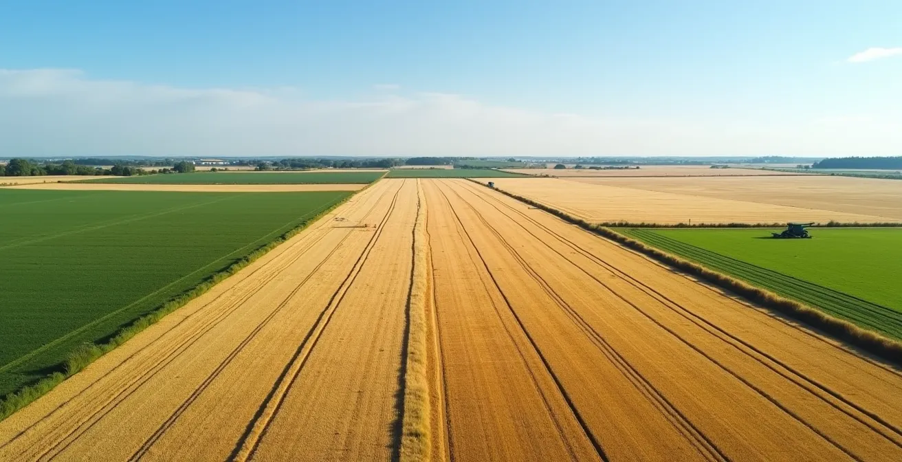 Aerial view of multiple crop fields showing different maturity stages for harvest prioritization