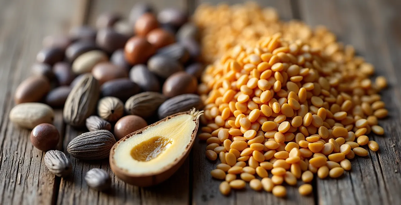 Macro photograph showing diverse heirloom seeds alongside uniform hybrid seeds with cross-sections revealing internal structure