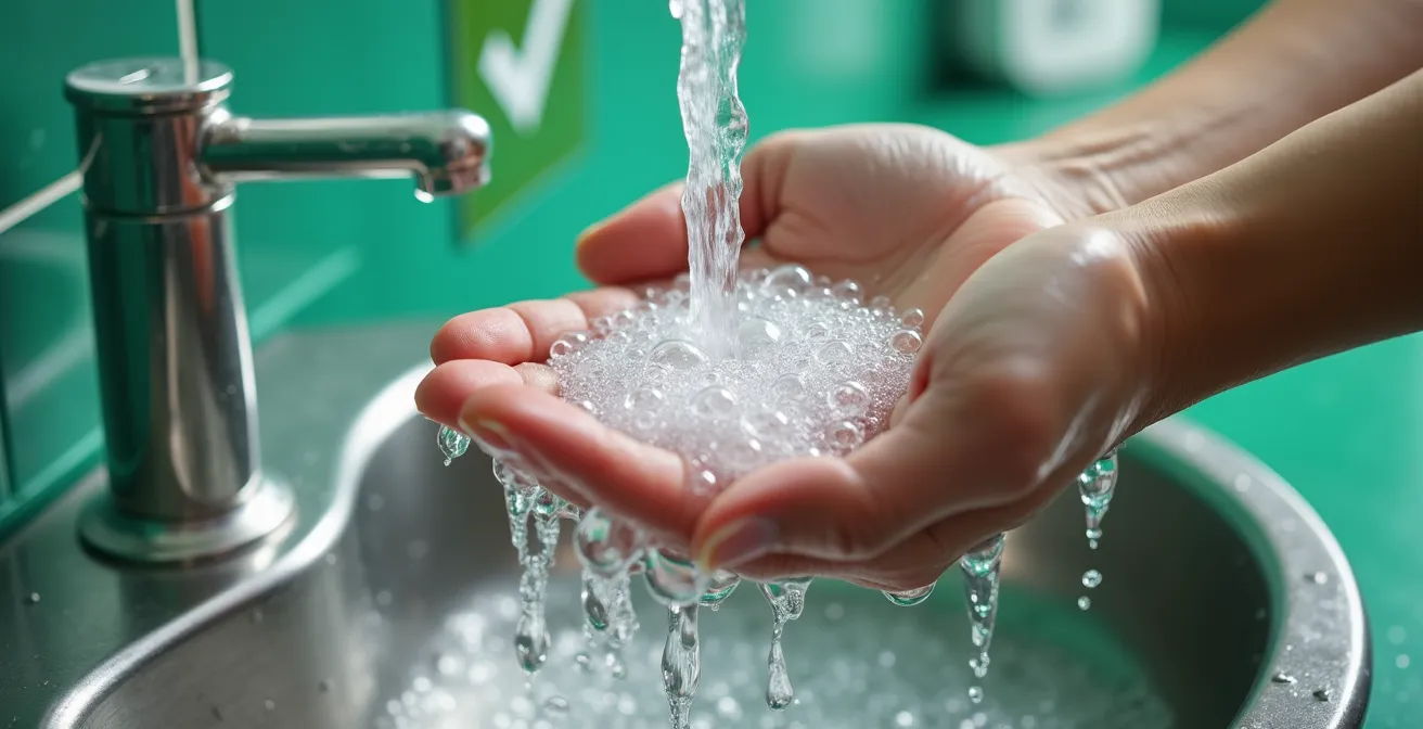 Farm hygiene station with visual instruction symbols for handwashing procedures