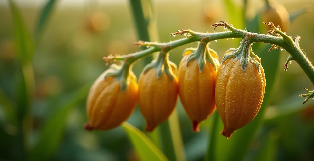 Close-up macro shot of mature soybean pods showing tan coloration at R8 stage